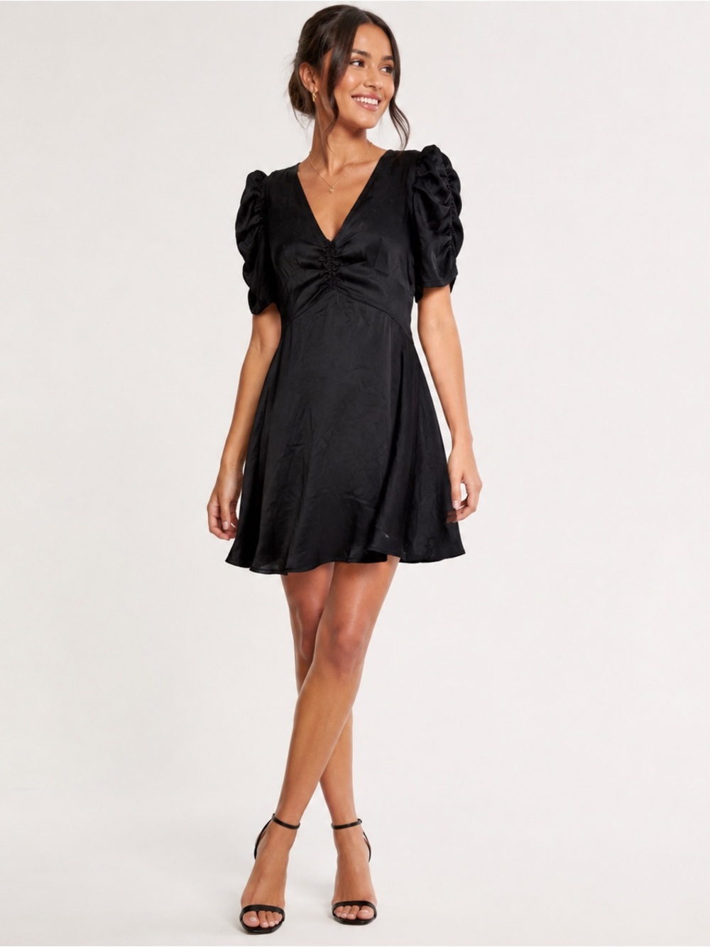 Gap Puff Sleeve Ruched Black Mini Dress Size M